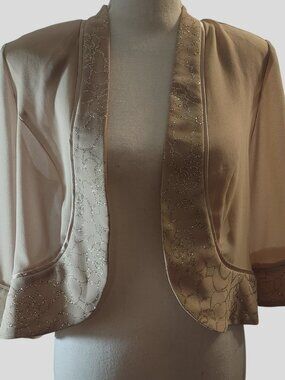 Le Bos Beige Sheer Bolero Jacket With Glitter Details Size 10